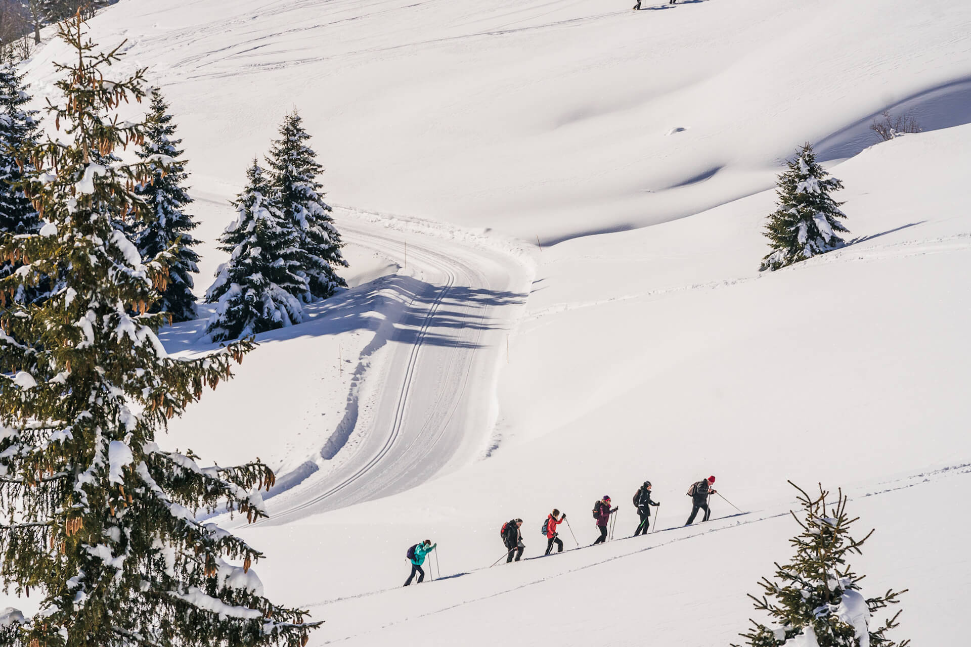 Personnes faisant du ski de randonnée à côté d'une piste