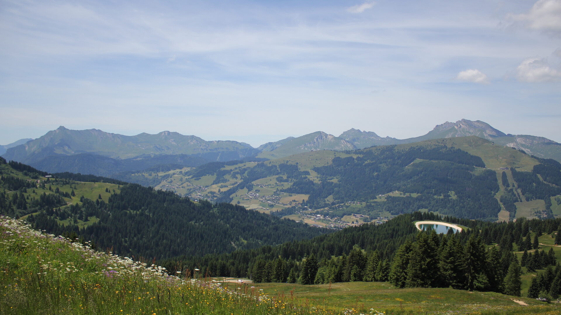 Prairie et montagnes en été avec retenue collinaire en fond