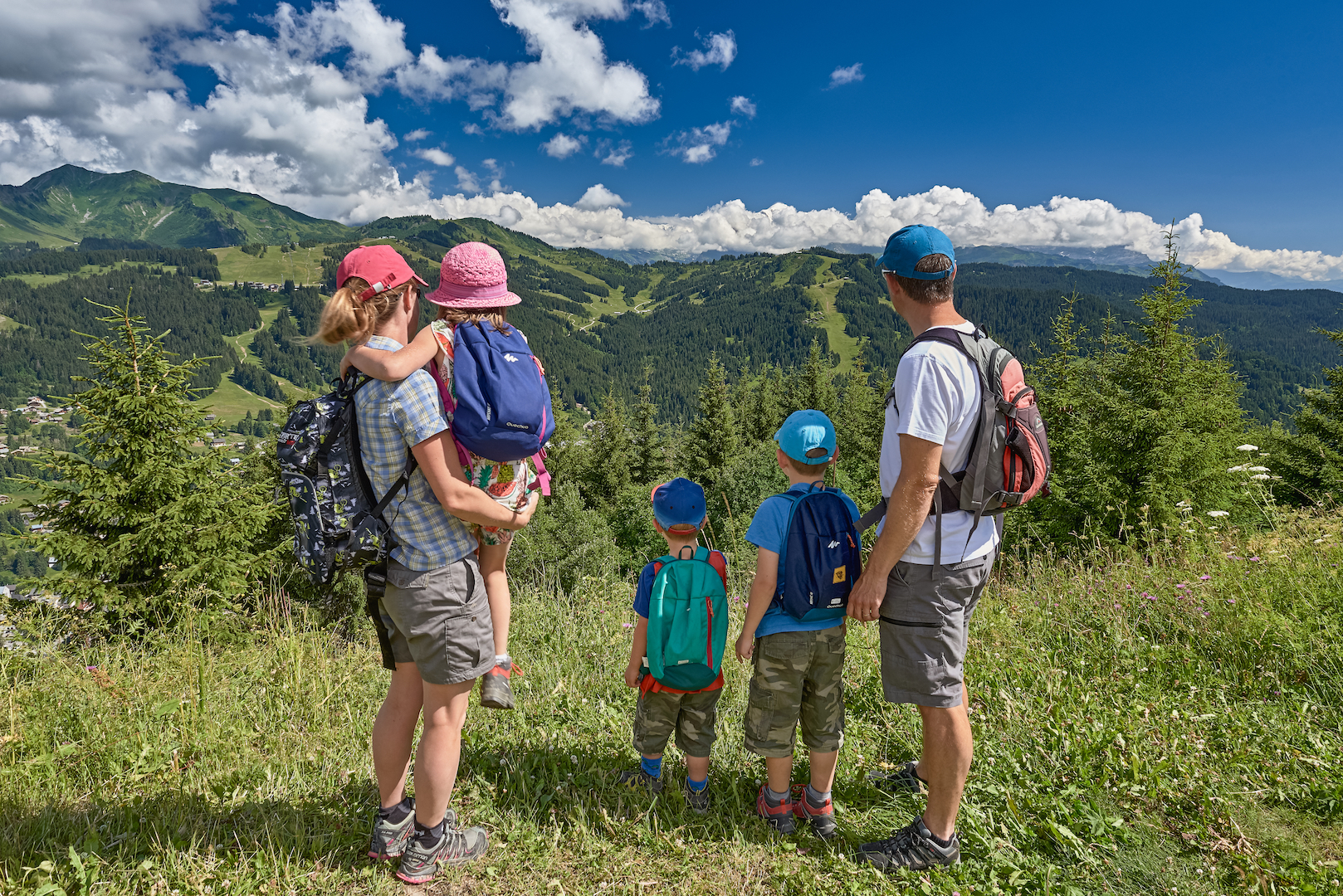 Famille admirant le paysage et les montagnes en été