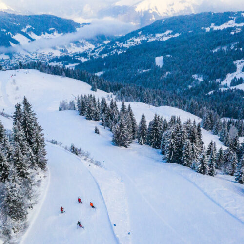 Domaine skiable et pistes vus d'en haut avec skieurs