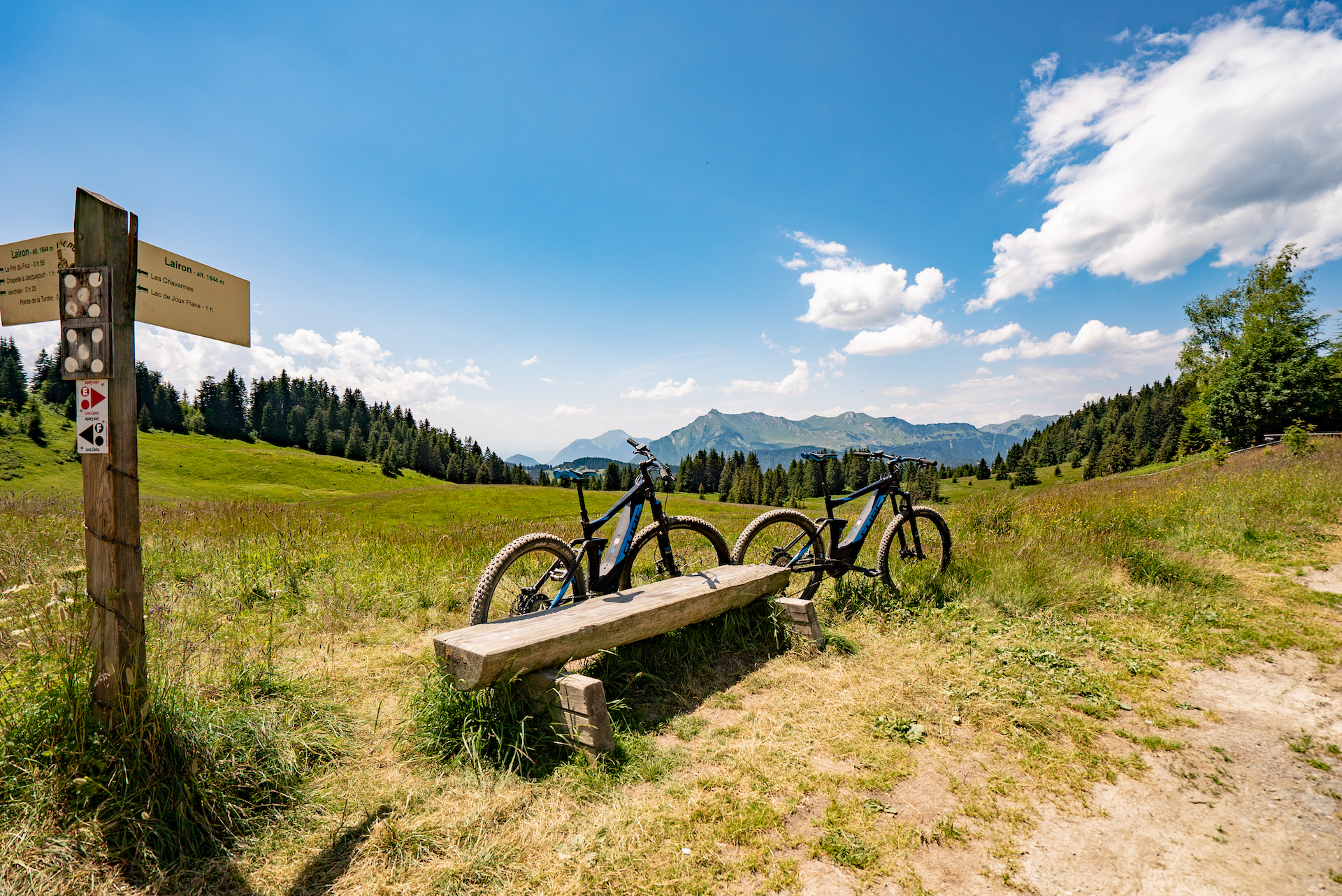 VTT à côté d'un banc en été avec panneau de signalisation