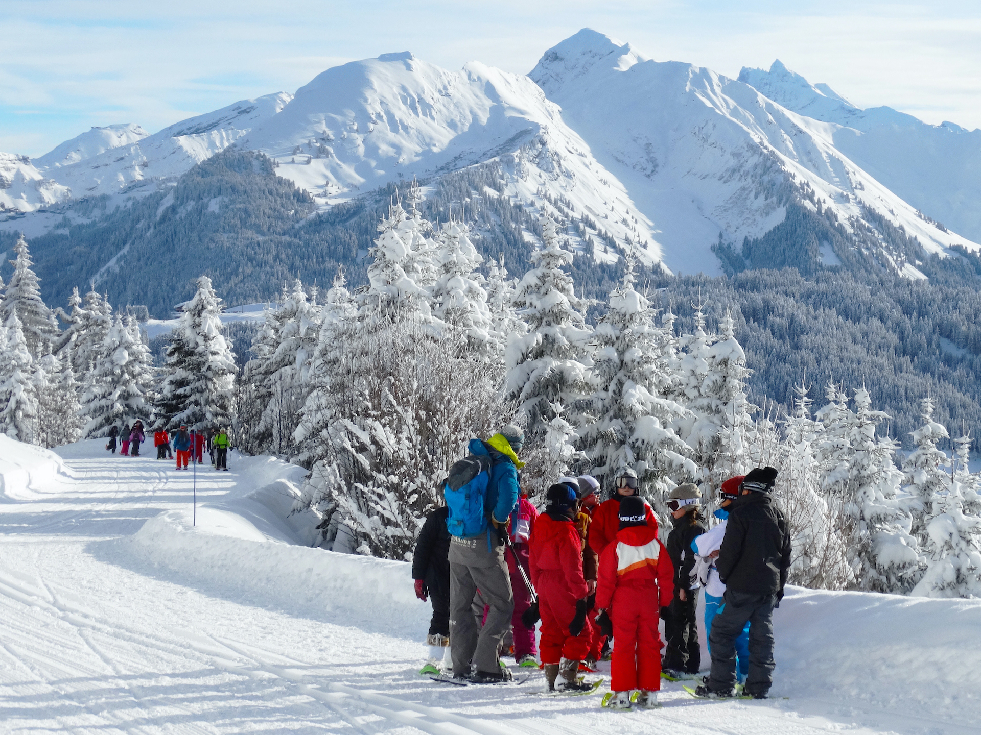 Homme avec groupe d'enfants faisant une balade en raquettes en hiver avec montagne et sapins enneigés en fond