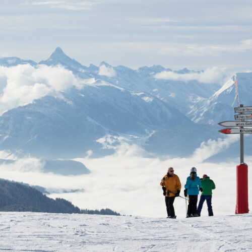 Skieurs à côté d'un panneau montrant la direction des pistes