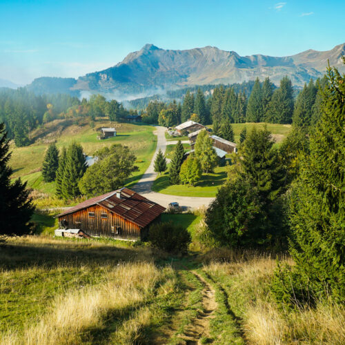 Paysage montagne en automne avec chalets