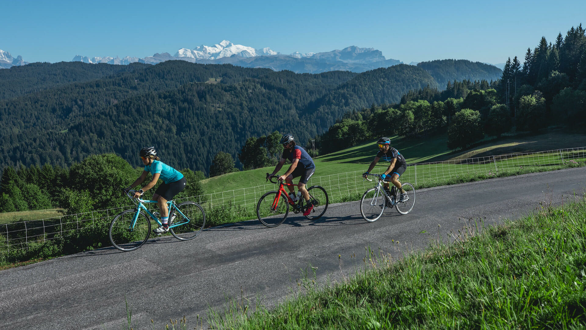Cyclists on a mountain road in summer