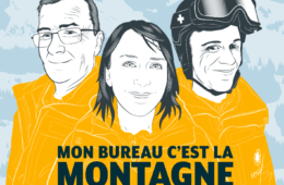 Affiche podcast avec trois personnages habillés en jaune avec montagne en fond