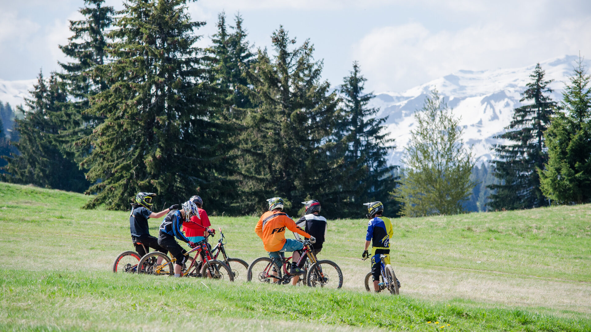 Group of friends on mountain bikes in summer