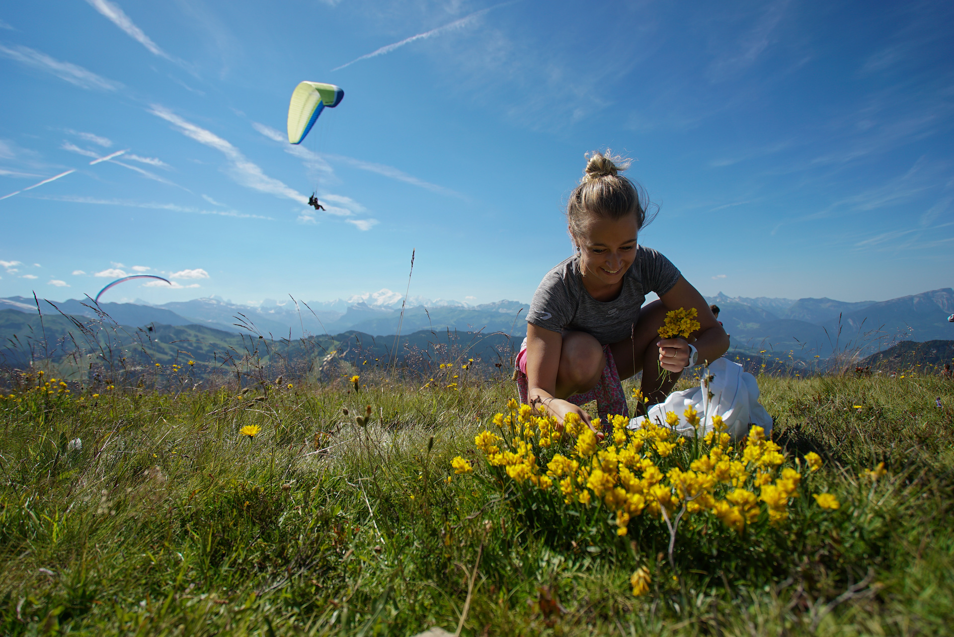 Femme cueillant un bouquet de fleurs jaunes en été avec parapentiste et montagne en fond